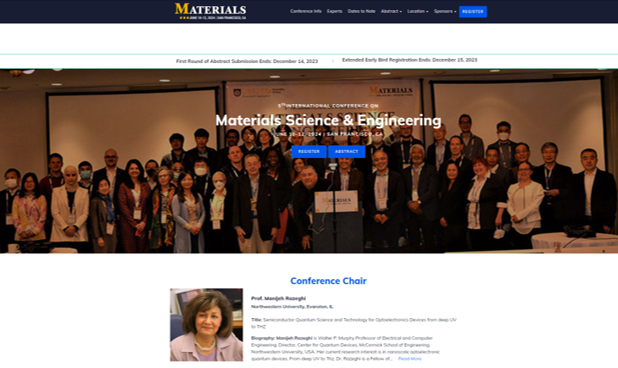 Prof Manijeh Razeghi will deliver a plenary Talk in Materials 2024